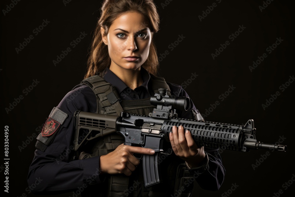 A woman in a police uniform is holding a gun.