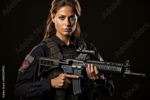 A woman in a police uniform is holding a gun.