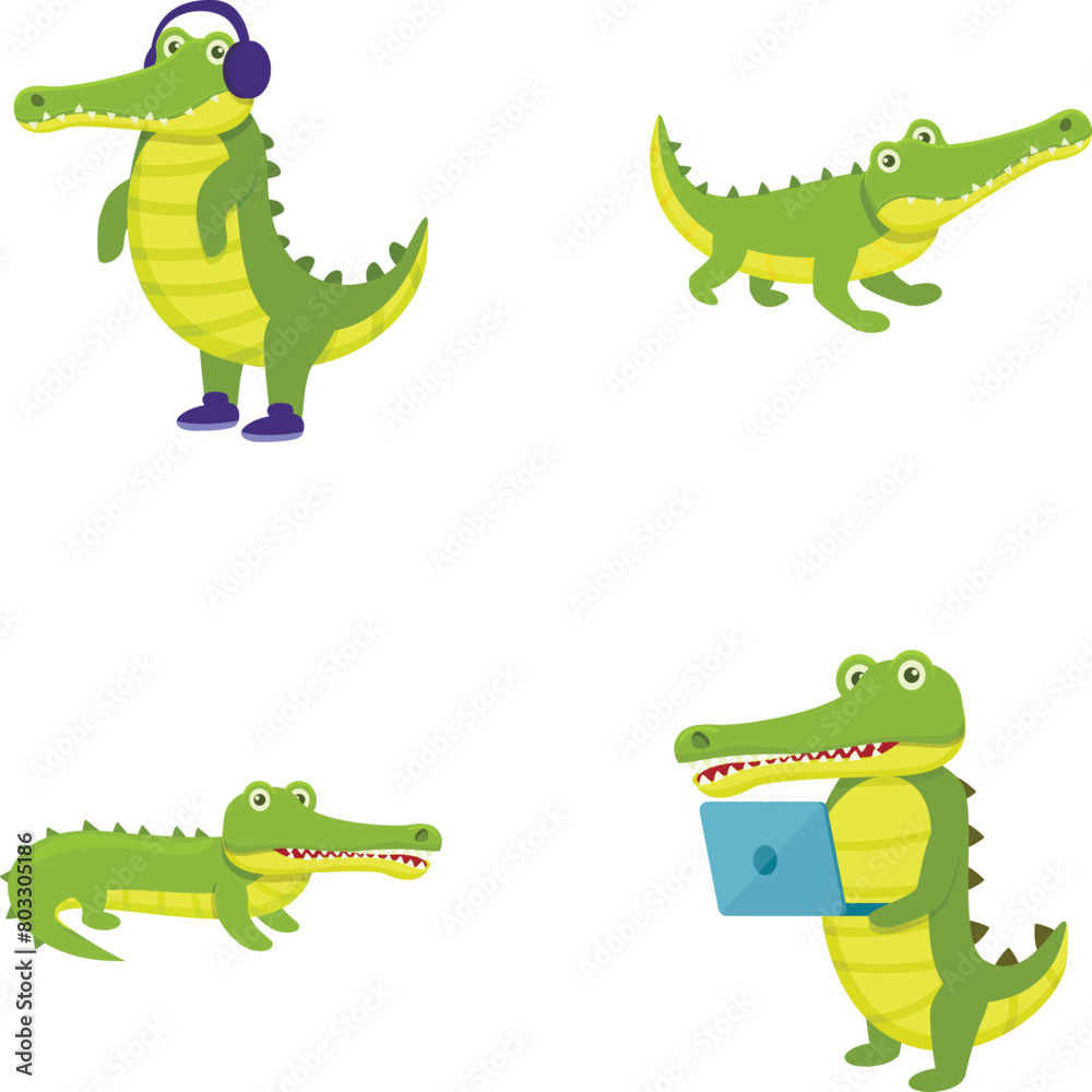 Fototapeta premium Funny crocodile icons set cartoon vector. Green cartoon crocodile. Cute alligator, predator
