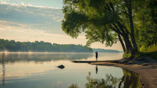 A serene photograph of a tranquil lakeside setting, with a solitary figure standing at the water's edge, contemplating the significance of Juneteenth and the journey towards racial equality and justic photo