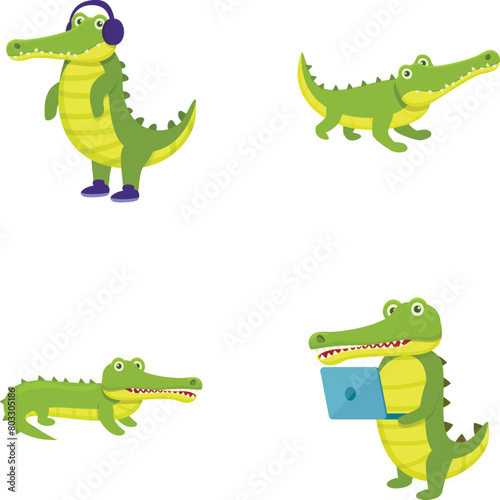 Funny crocodile icons set cartoon vector. Green cartoon crocodile. Cute alligator  predator