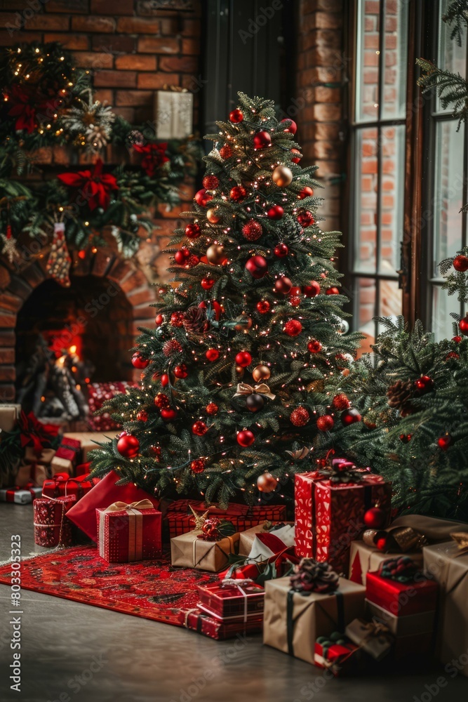 Christmas tree in a living room with presents under it