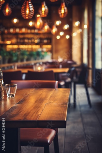An empty restaurant with wooden tables and chairs