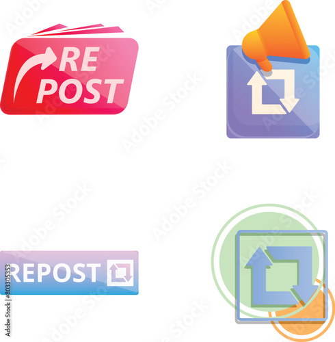 Repost symbol icons set cartoon vector. Retweet, repost and share button. Spreading information on internet