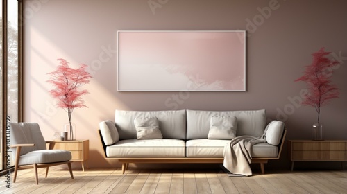 A serene living room with a large pink painting photo