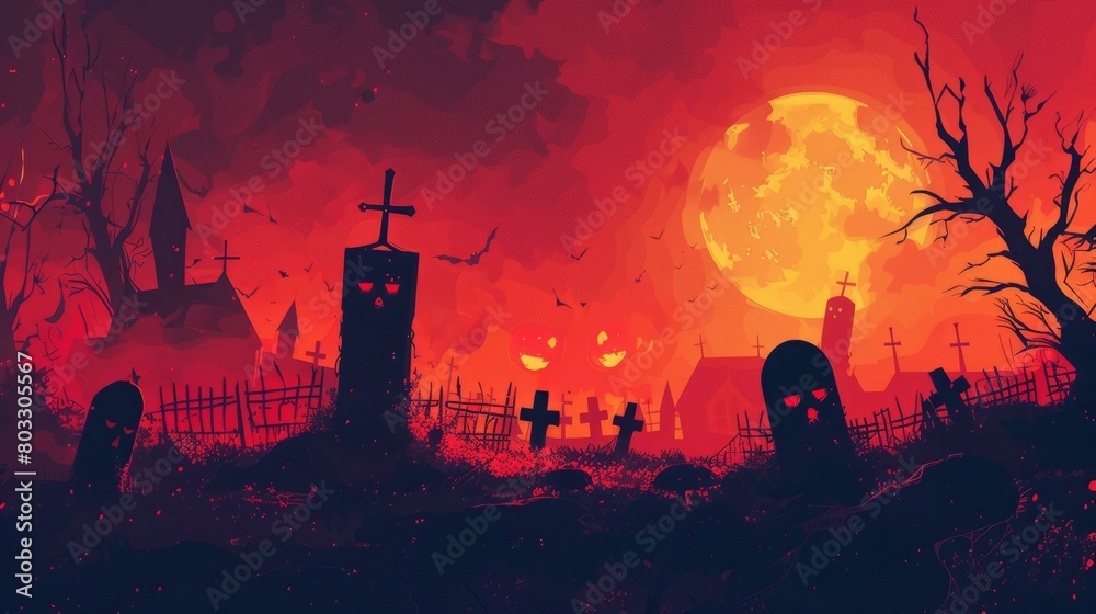 Spooky Graveyard with Tombstones and a Large Moon