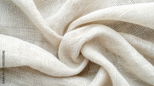 Closeup of crumpled white cheesecloth fabric photo