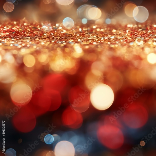 Red and gold glitter texture with blurred bokeh lights background