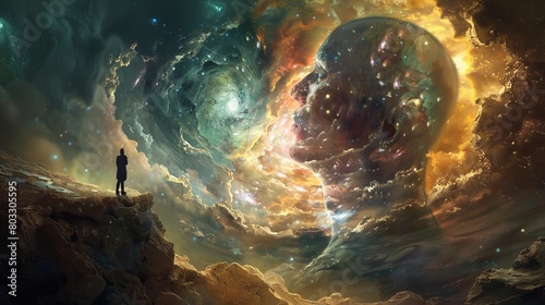 Surreal cosmic landscape with a lone observer marveling at swirling galaxies and celestial phenomena