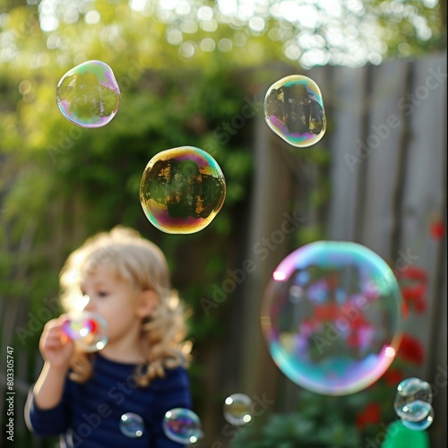 Little girl blowing bubbles in the backyard on a sunny day