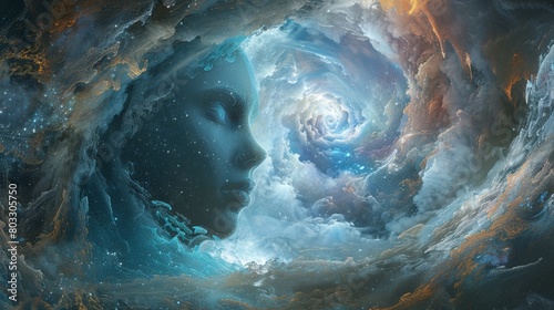 Surreal cosmic portrait of a female face merging with a swirling galaxy