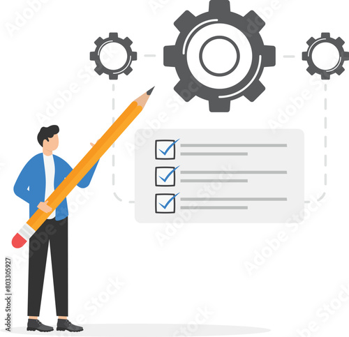 Workforce process optimization, productivity, workflow management and project tracking concepts, man with pencil puts tick in front of completed tasks and goals

