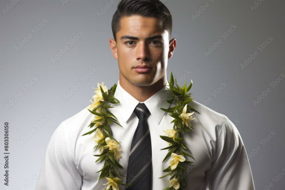 Young man wearing a white shirt and tie with a flower lei around his neck Young man wearing a white shirt and tie with a flower lei around his neck