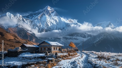 Himalayan lodge with snowcapped mountain peak in the background photo