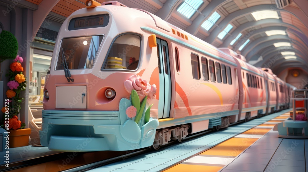 A pink and blue train decorated with flowers isé©¶å…¥è½¦ç«™ã€‚