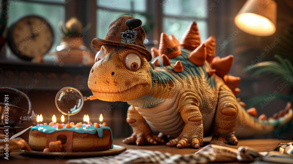 Stegosaurus wearing a detective hat, blowing out candles on a cake with a magnifying glass decoration.