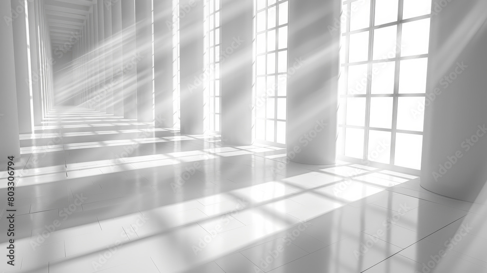 Bright white hallway with sunlight and shadows, Minimalistic white interior with sunlight casting shadows through large windows Bright white hallway with sunlight and shadows, Minimalistic white interior with sunlight casting shadows through large windows