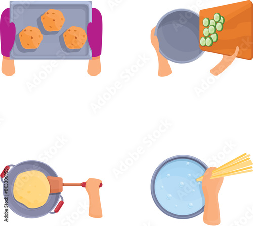 Cooking concept icons set cartoon vector. Hand preparing food. Top view