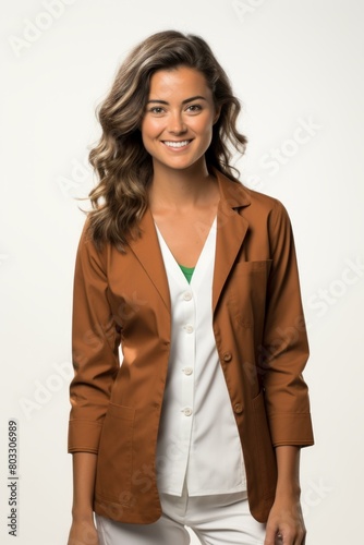 Young female doctor wearing brown lab coat