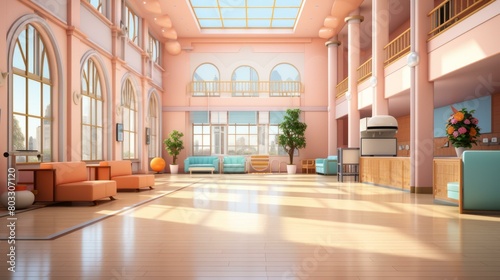 A large, brightly lit room with a high ceiling and large windows