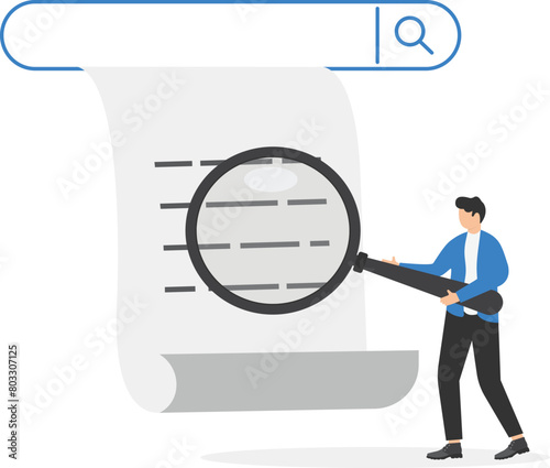 Search engine answering users questions concept. Search engine bar with businessman hold magnifying glasses surfing internet, analyzing queries, keywords

