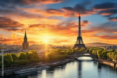 Paris cityscape with Eiffel Tower at sunrise