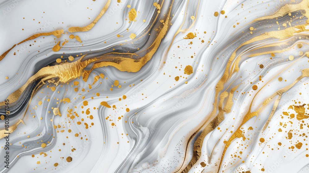 A texture with swirling patterns of white and gray, intertwined with gold accents and splatters. 