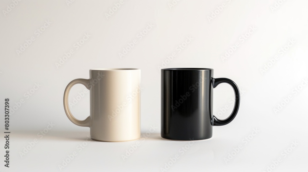 3d mockup of two white mugs with handle facing each other on a plain background