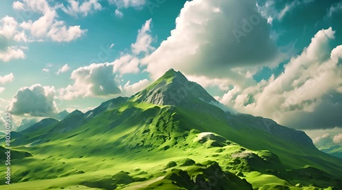 a green mountain with clouds and a blue sky beatiful mountain background photo