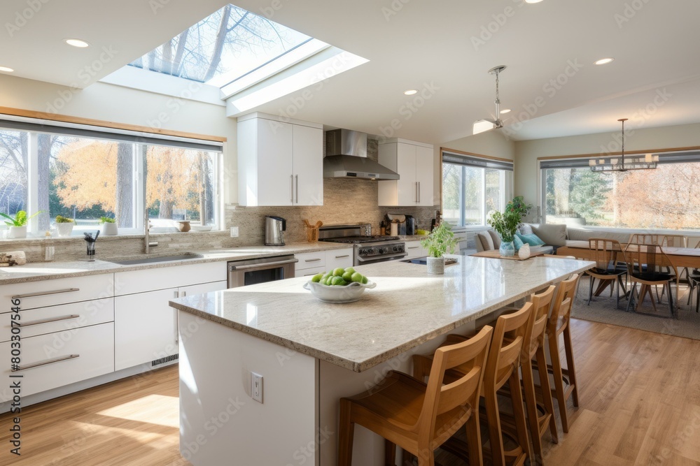 Bright and Airy Kitchen With Large Island and Skylight