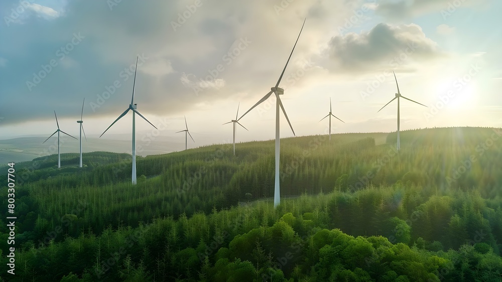 Scenic wind farm with high turbines generating green energy plenty of copy space. Concept Wind Farms, Renewable Energy, Green Technology, Copy Space, Landscape View
