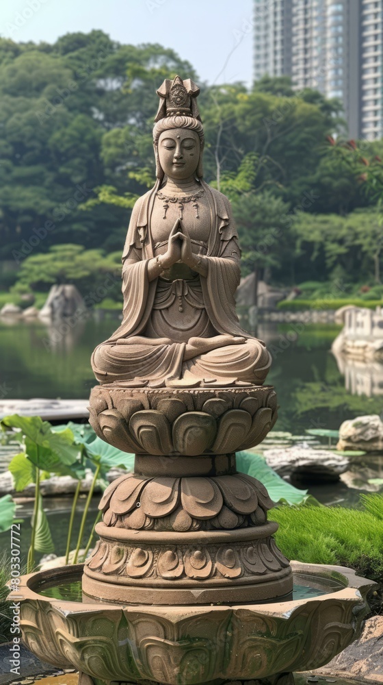 Stone statue of Kannon in a Japanese garden