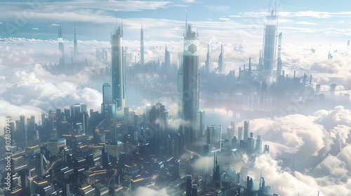 Floating cityscape above clouds with futuristic skyscrapers in a serene sky