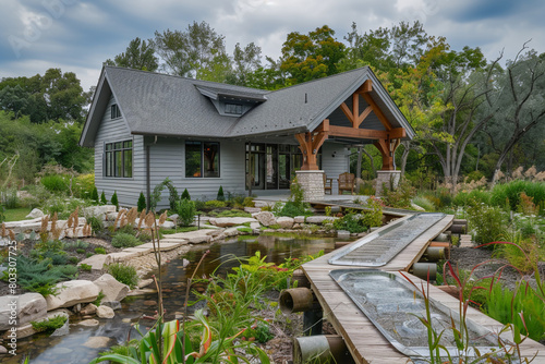 The angled rear view of a cool gray craftsman cottage with a nine-pitched roof, featuring a rainwater harvesting system, native landscaping, and a rustic wooden bridge