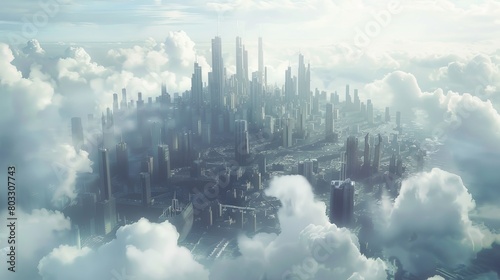 Floating cityscape above clouds with futuristic skyscrapers in a serene sky