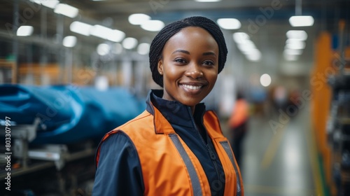 Portrait of a smiling African American woman wearing a hard hat and safety vest in a warehouse.