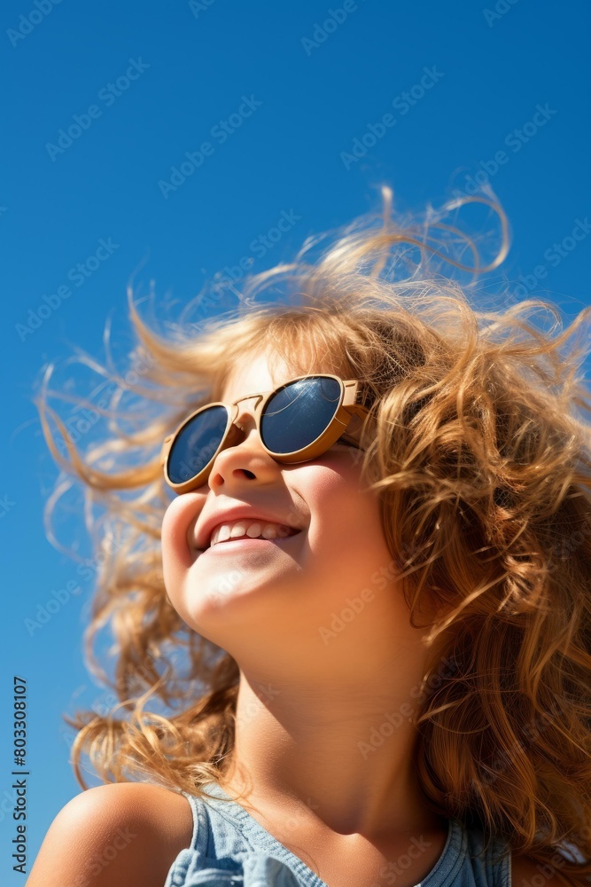 Little blonde girl with sunglasses smiling happily Little blonde girl with sunglasses smiling happily