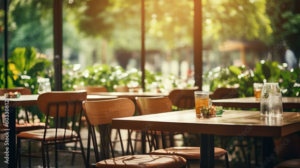 An empty restaurant with sunlight shining through the window