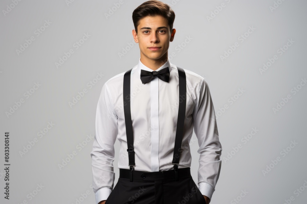 Fototapeta premium Young man in formal attire with suspenders and bow tie