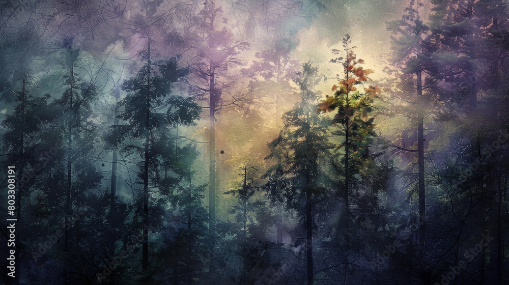 Enchanted forest scene with towering trees and a mystical glow in a serene artwork