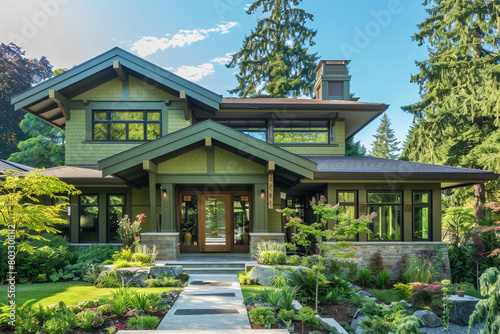 The facade of a contemporary moss green craftsman cottage style house, with a triple pitched roof, naturalistic landscaping, a clear walkway, 