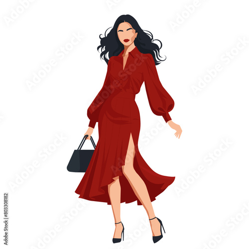 Vector flat fashion illustration of a young pretty woman in an elegant red dress with puff sleeves and a slit on the leg.
