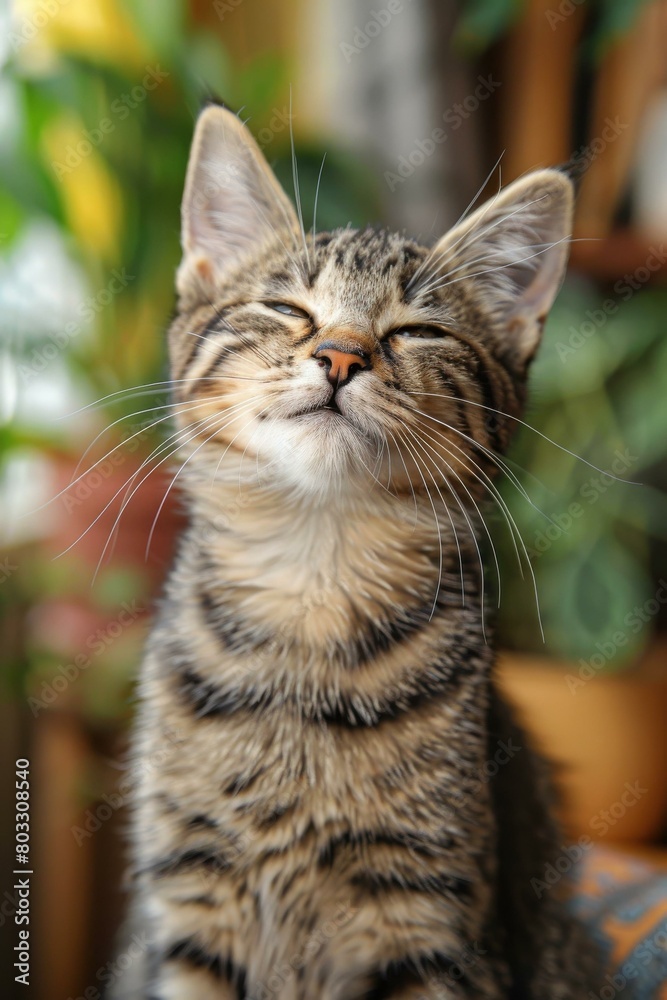 A cute tabby cat is sitting in a sunny spot and looks very pleased. A cute tabby cat is sitting in a sunny spot and looks very pleased.
