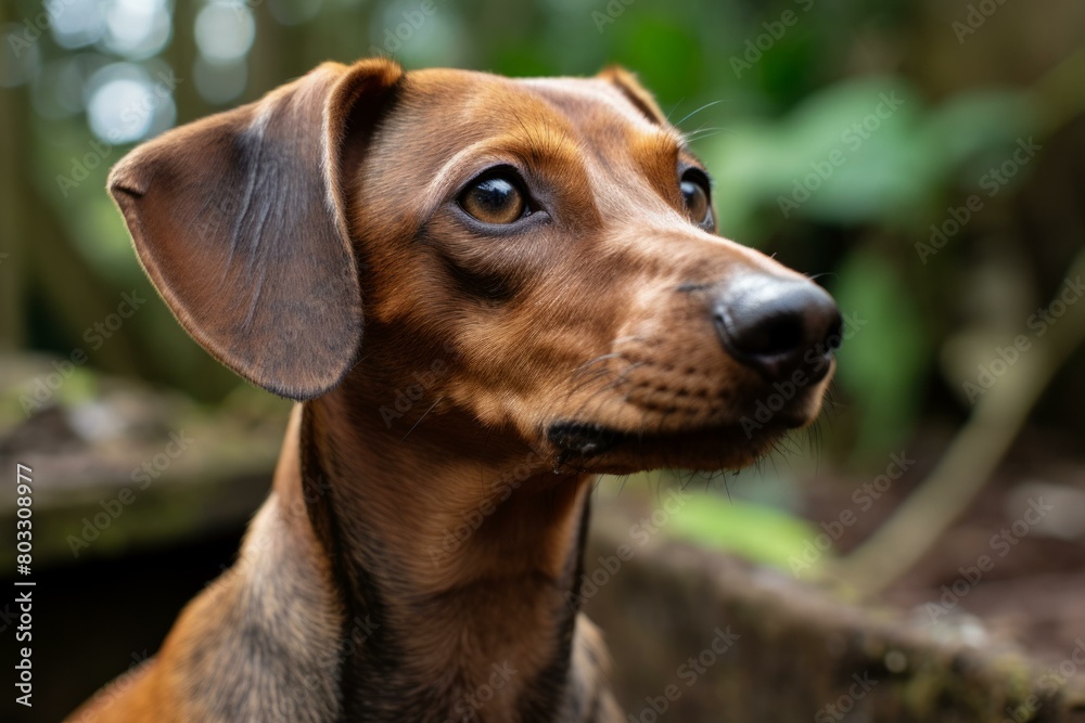 A brown dachshund dog looking away from the camera A brown dachshund dog looking away from the camera