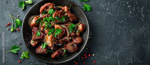 Chicken hearts served with parsley, onions, and soy sauce. Overhead view with space for text, flat lay image.