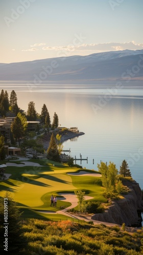 A couple is playing golf on a golf course near a lake surrounded by mountains
