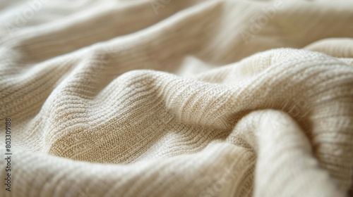 Close-up of soft, textured fabric in beige tones with a knitting pattern