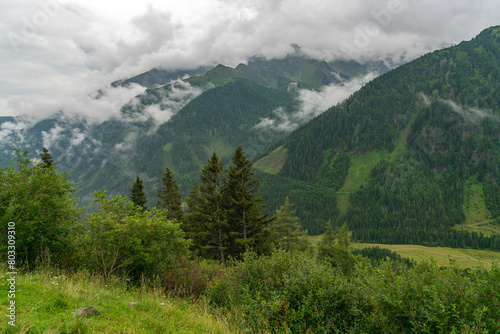 Grüne Berglandschaft mit tiefhängenden Wolken in Österreich