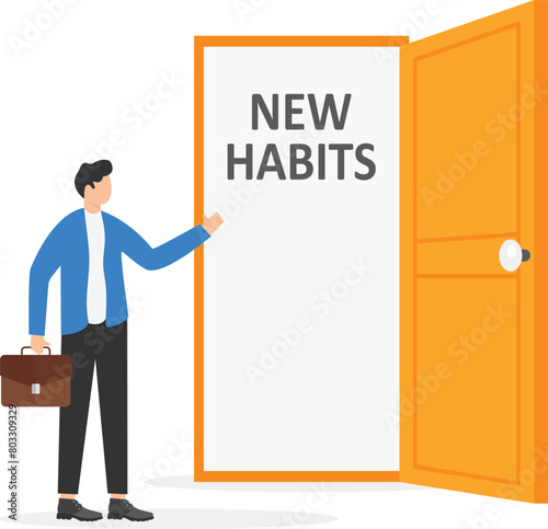 New habits for businessman. Man opens door looking for new direction. Successful businessman in suit with briefcase. Choose a new direction, make a choice concept. Vector illustration

