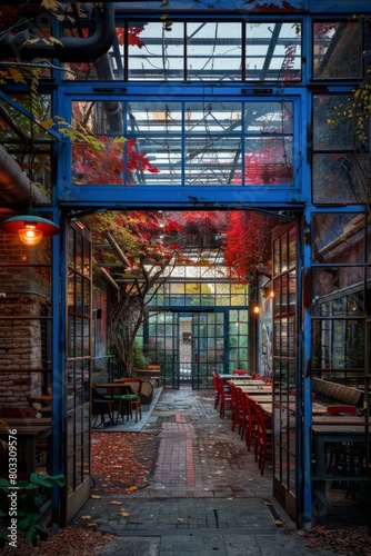 Blue glass house with red chairs and autumn leaves